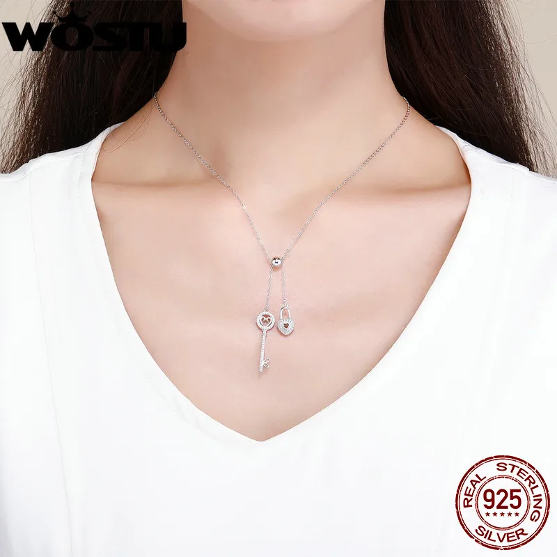 WOSTU Luxury 925 Sterling Silver The Key of Heart Lock Pendant Necklace For Women Girlfriend Wife Fashion Jewelry Gift CQN290