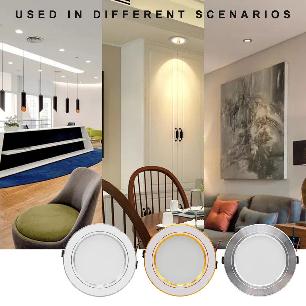 Lâmpada led downlight de 220v, refletor dourado prateado com lâmpada embutida redonda, de 5w, 9w, 12w, 15w, 18w, branca/branca quente