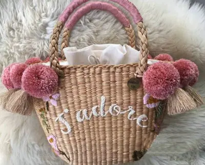 Bohemian Beach Bag for Women Cute Handmade Straw Bags tassels pom pom Summer Vacation Handbags Drawstring Basket Bag Travel Tote