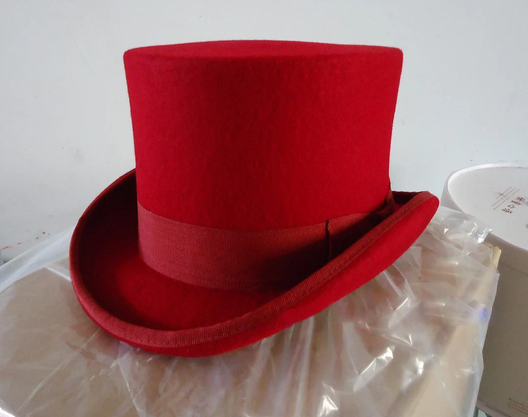 LUCKYLIANJI 13.5cm Red Color Steampunk Victorian Formal Top Wool Felt Vintage Magician Fedoras Mad Hatter President Bowler Hat