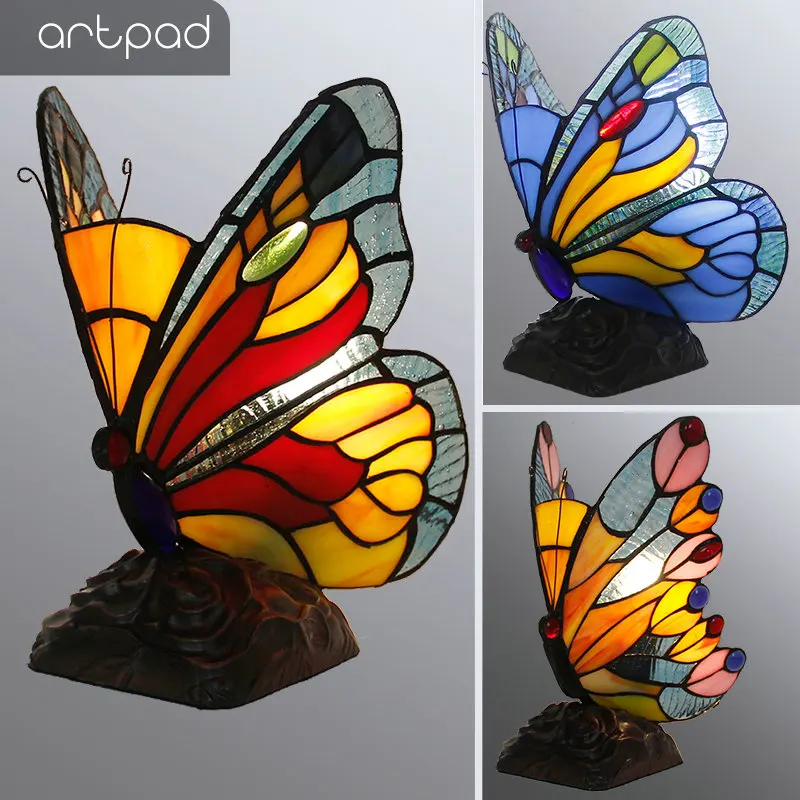 

Artpad Stained Glass Tiffany Butterfly Lamps With US/EU Plug In E27 Bedroom Bedside LED Butterfly Light for Table Night Fixtures