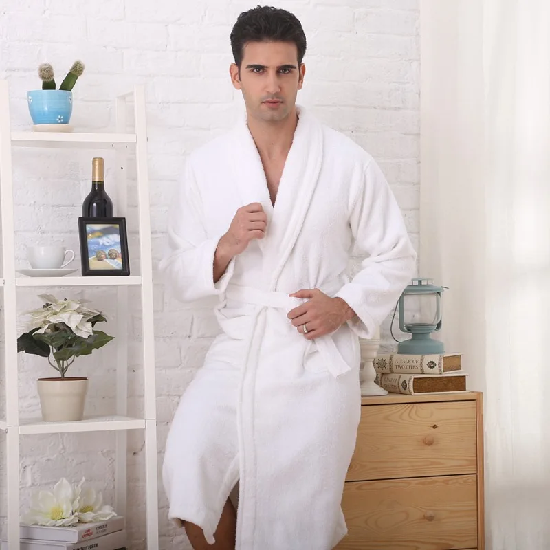 Inverno masculino roupão de algodão casais pijamas robe amantes sleepwear toalha velo longo thincking casa hotel inverno branco azul