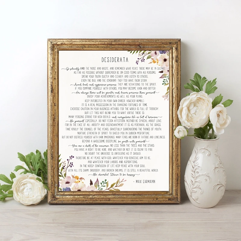 Max Ehrmann Poem Desiderata Poster And Print Watercolor Flowers Literature Canvas Painting Wall Art Picture Home Office Decor