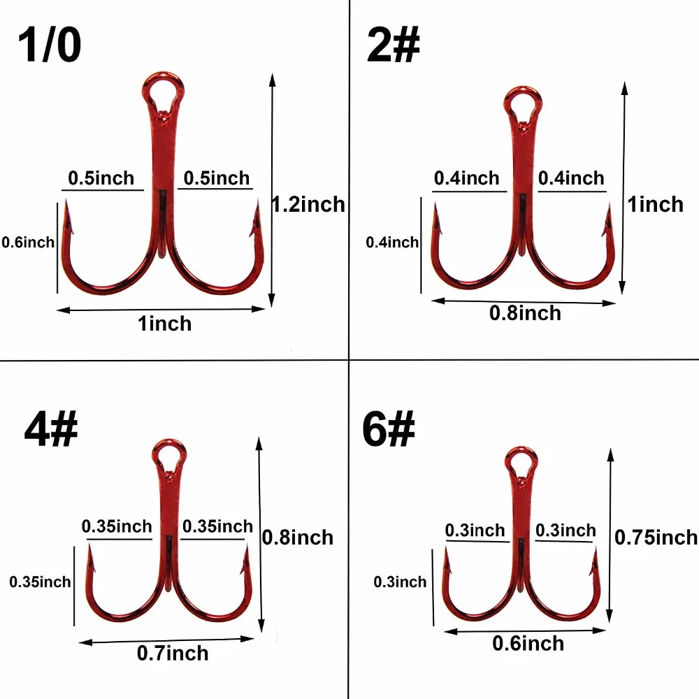 100pcs 35647 High Carbon Steel Treble Fishing Hooks Red Small Round Bent Triple Hard Lure Spoon Fishhook Size 2# 4# 6# 8# 10#