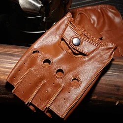 Guantes de medio dedo para hombre, de alta calidad, transpirables, antideslizantes, de cuero para Fitness, sin dedos, negro, Camel, para conducir, NAN7