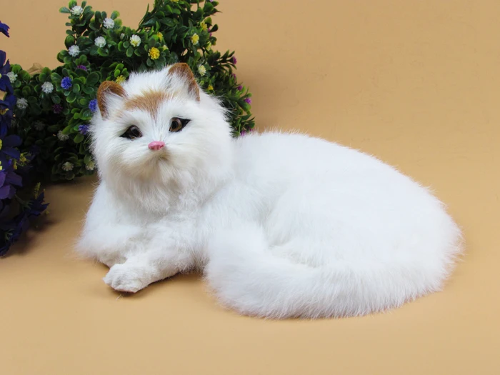 simulation white cat model,plastic&fur handicraft,21x16 cm right prone cat with yellow head, home decoration toy Xmas gift w5859