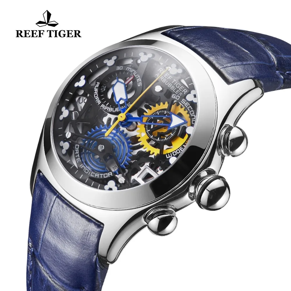 Reef Tiger New Designer Top Brand Luxury Fashion Watches for Women Steel Skeleton Watches Blue Strap Sport Watches RGA7181