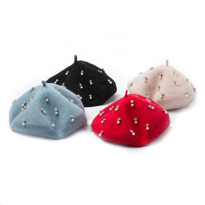 COKK Wool Beret Women Hat Autumn Winter Handmade Full Rhinestone Pearl Beads Lady Beret Cap Hat Female Korean Painter Cap