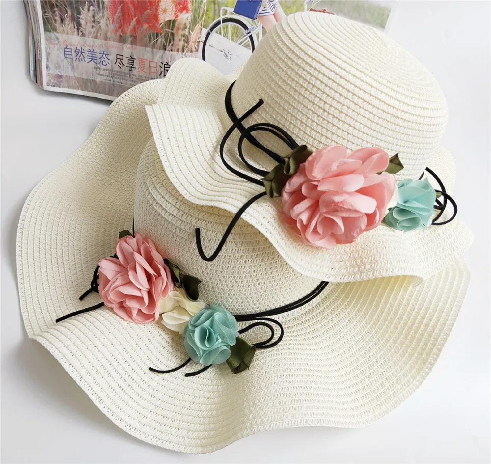 Summer Mommy & Me Beach flower Hat Simple Wavy large brimmed straw hat Fairy Floral Beach Hats Parent-child sunhat HT19016