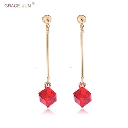 GRACE JUN Korea Style Long Clip on Earrings and Drop Pierced Earrings for Women Gorgeous Gold Color Crystal Earrings Not Allergy