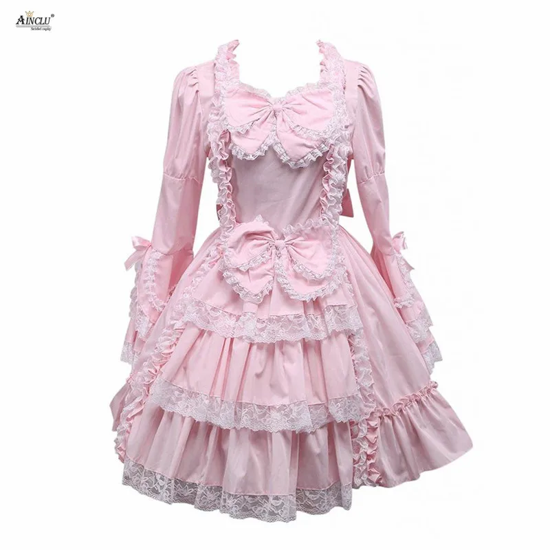 

Spring/Summer/Autumn Middle-Long Dress Ainclu Womens XS-XXL Pink Bow Long Sleeves Ruffles Sweet Cotton A-line Lolita Dress