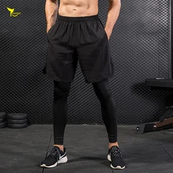 Pantalones cortos y Leggings 2 en 1 para hombre, mallas elásticas de secado rápido, transpirables, para culturismo, gimnasio y Fitness, novedad de 2019