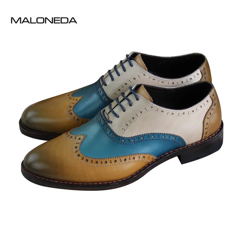 MALONEDA Handcraft Colored Handmade Goodyear Oxfords Leather Shoes Brogue Genuine Cow Leather Formal Shoes Bespoke for Male