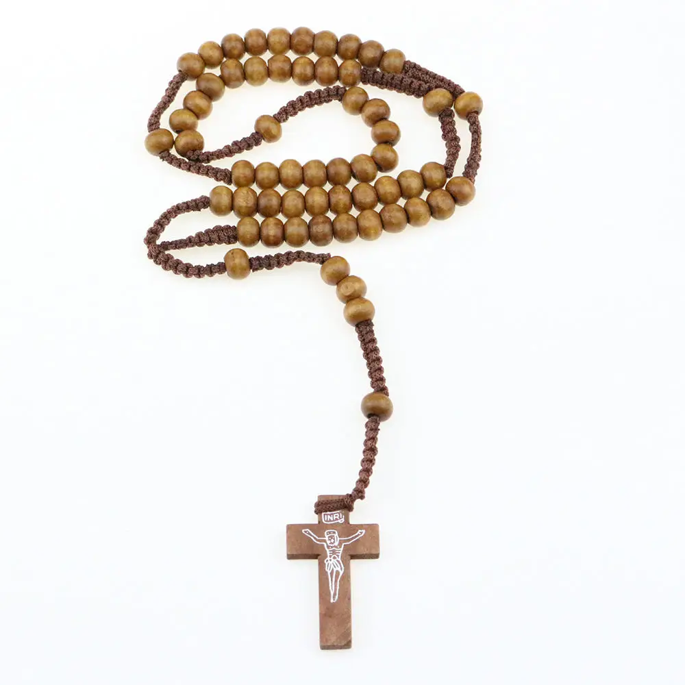 OPPOHERE Men Women Christ Wooden Beads 8mm Rosary Bead Cross Pendant Woven Rope Chain Necklace Jewelry Accessories