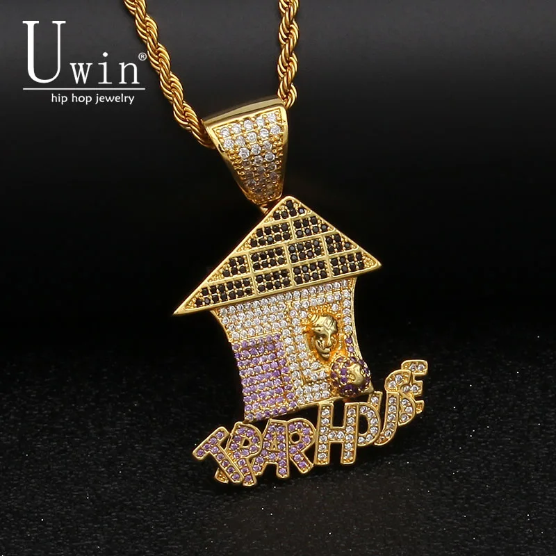 UWIN Trap House Pendant AAA CZ Bling Purple Iced Out Micro Paved Money Bag Necklace Tennis Chains Men's Hiphop Jewelry