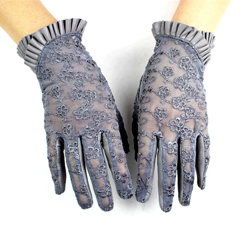 Summer Driving Sheepskin Gloves Female Touch Screen Leather Gloves Single Layer Unlined Thin Fashion Stretch Lace Style