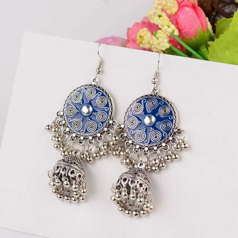 Indian Jewelry Jhumka Charms Earrings For Women Enamel Colored Round Ethnic Long Stud Earring Trendy Wedding Ear Rings