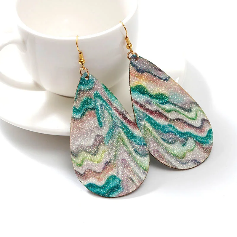 ZWPON 2020 Glitter Rainbow PU Leather Teardrop Earrings Print Looking Various MultiColors Leather Dangle Drop Red Earrings Women