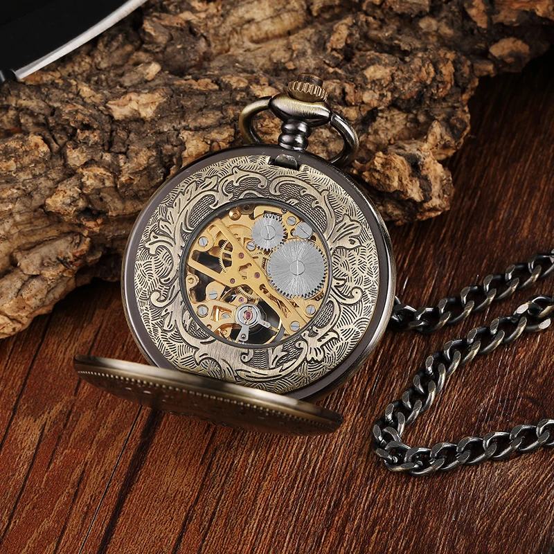 Bronze Deer Flowers Case Mechanical Pocket Watch Men Retro Big Dial Hand Wind Watch Skeleton Steampunk Reloj de bolsillo Cadena