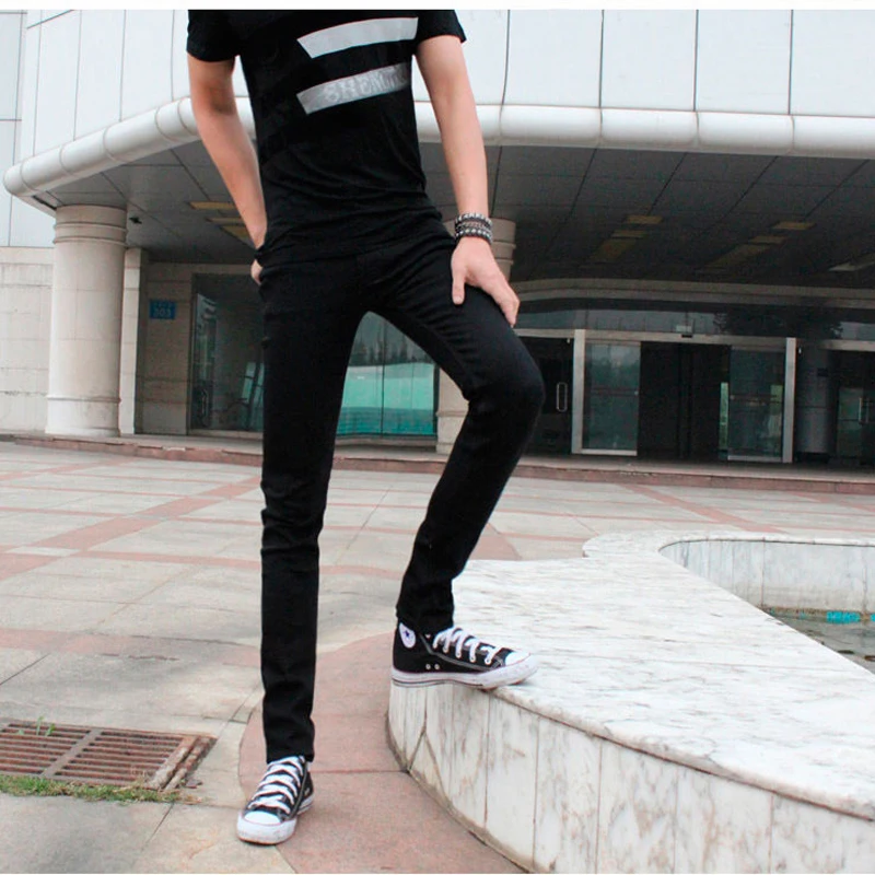 Idopy Funky  Fashion Pencil Pants Super Skinny Solid Black Elastic Washed Faded Slim Fit Long Jeans Trouser For Young Men