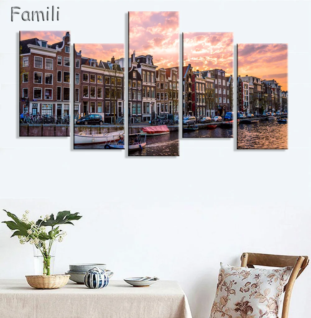 

5 Piece Free Shipping Hot Sell Modern canvas Wall Painting Netherlands city scenery Home Decorative Art Picture Paint on Canvas