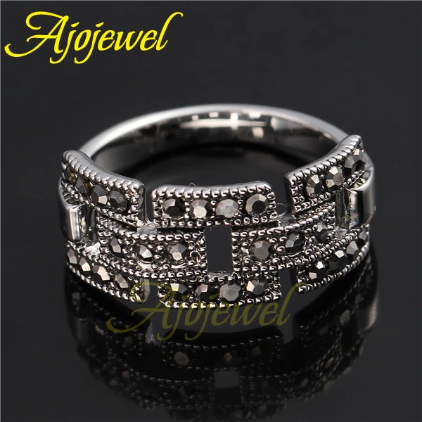 Ajojewel Brand Quality Fashion CZ Female Jewelry Retro Vintage Link Ring Black For Women Size 7,8,9