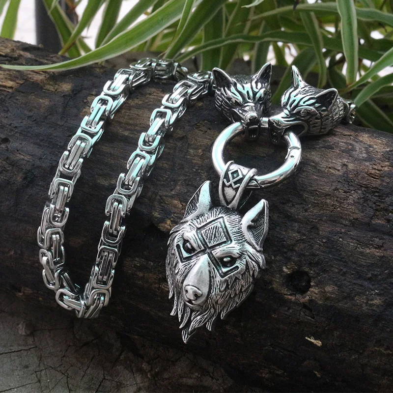 Men stainless steel necklace viking wolf head with viking wolf pendant norse talisman ethnic jewelry