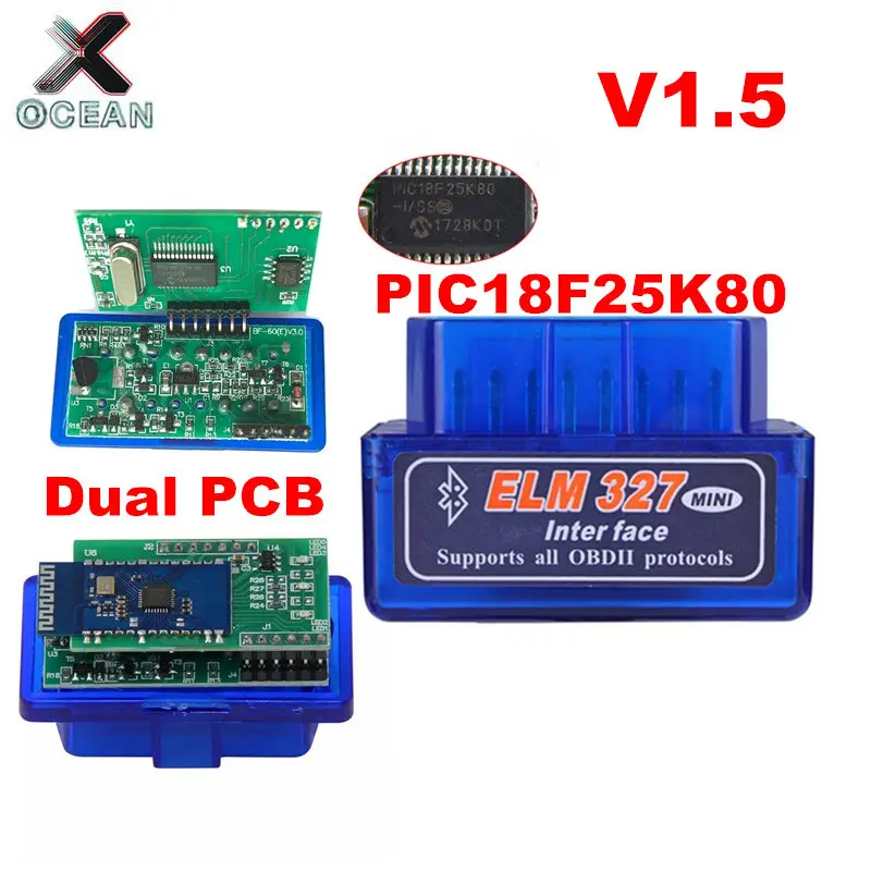 듀얼 더블 2PCB 칩 펌웨어 1.5 ELM327 V1.5 OBD2 BT 진단 인터페이스 ELM 327 V1.5 하드웨어 지원, PIC18F25K80 