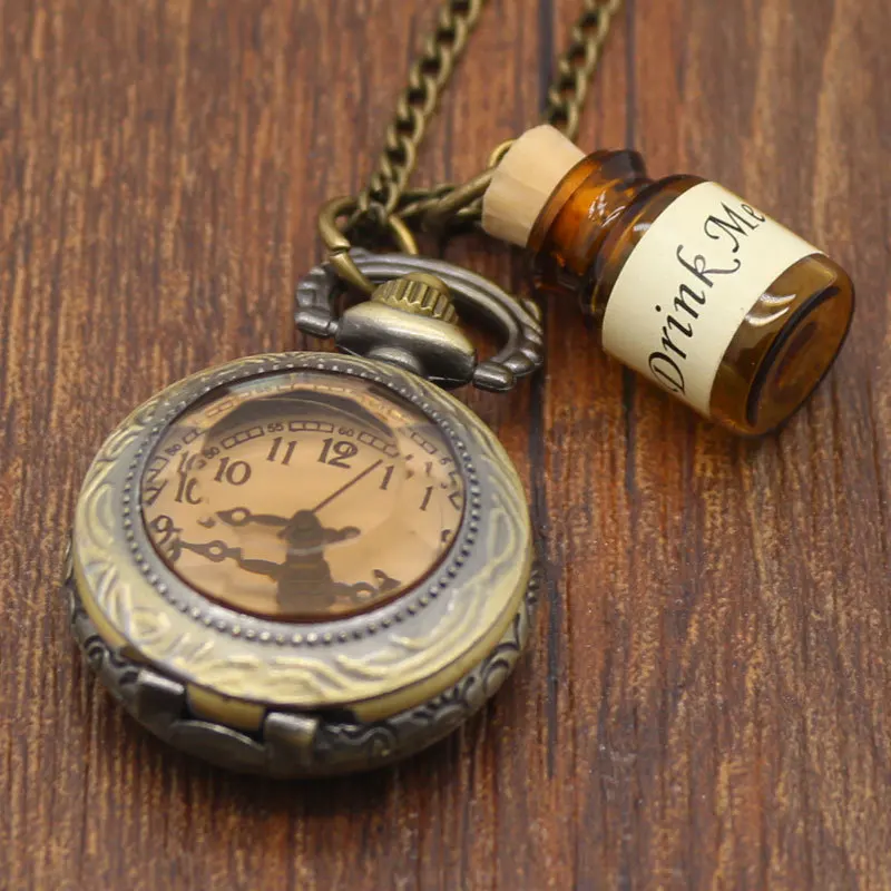 Hot Vintage Bronze Drink Me Wishing Bottle Pocket Watch with Chain Necklace Pendant Gift