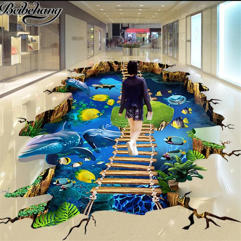 

beibehang Large custom flooring decorative painting mall 3D stereo self - adhesive sea world dolphin ladder floor painting