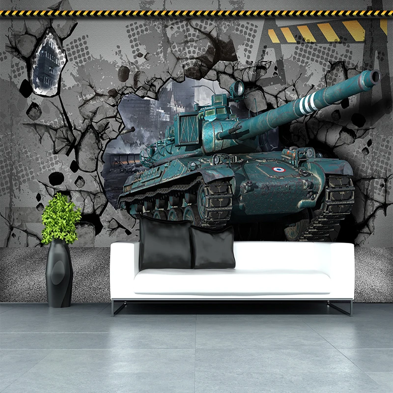 

3D Stereo Embossed Tank Broken Wall Mural Wallpaper Living Room Children Boy's Bedroom Background Wall Covering Papel De Parede