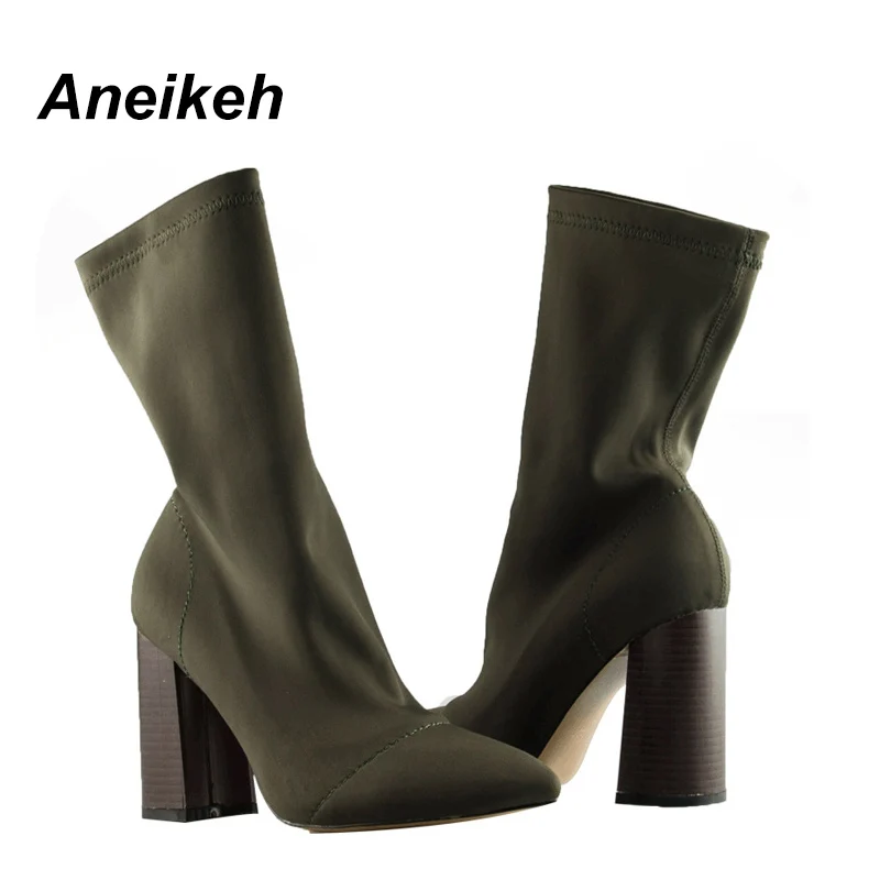 Aneikeh 2024 Spring/Autumn Elegant Stretch Fabric Socks Boots Women\'s Pointed Thick Heel Sewing Ankle Boots Party Club Zapatos