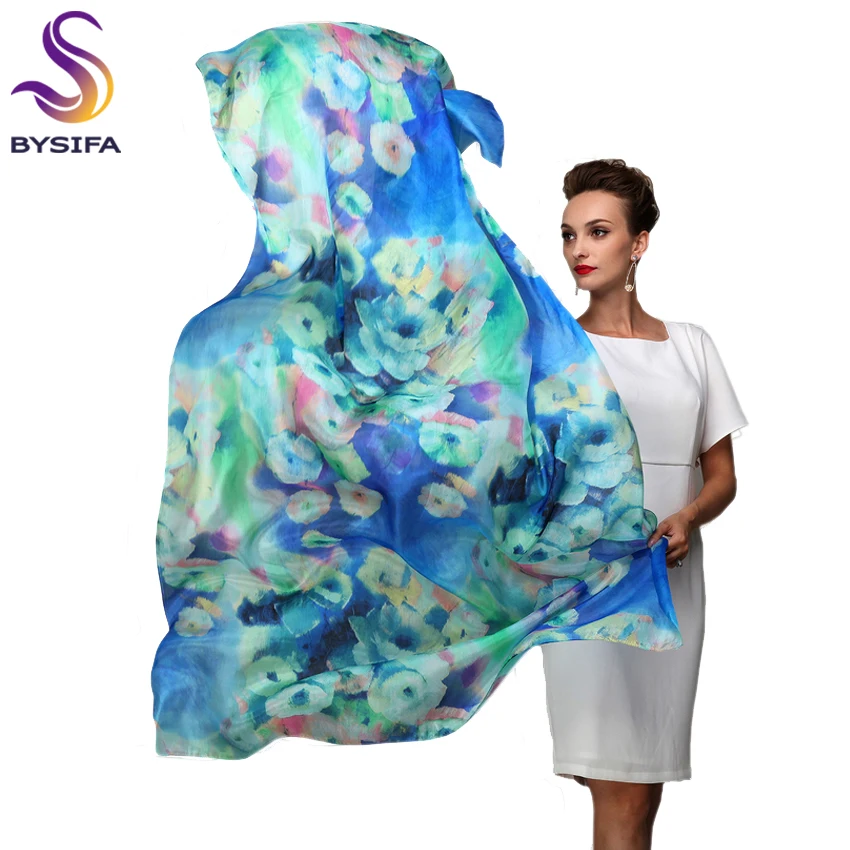 2022 Women Winter Long Scarf Shawl Spring Autumn Female Blue Silk Scarves Printed Summer 100% Mulberry Silk Beach Cover-ups