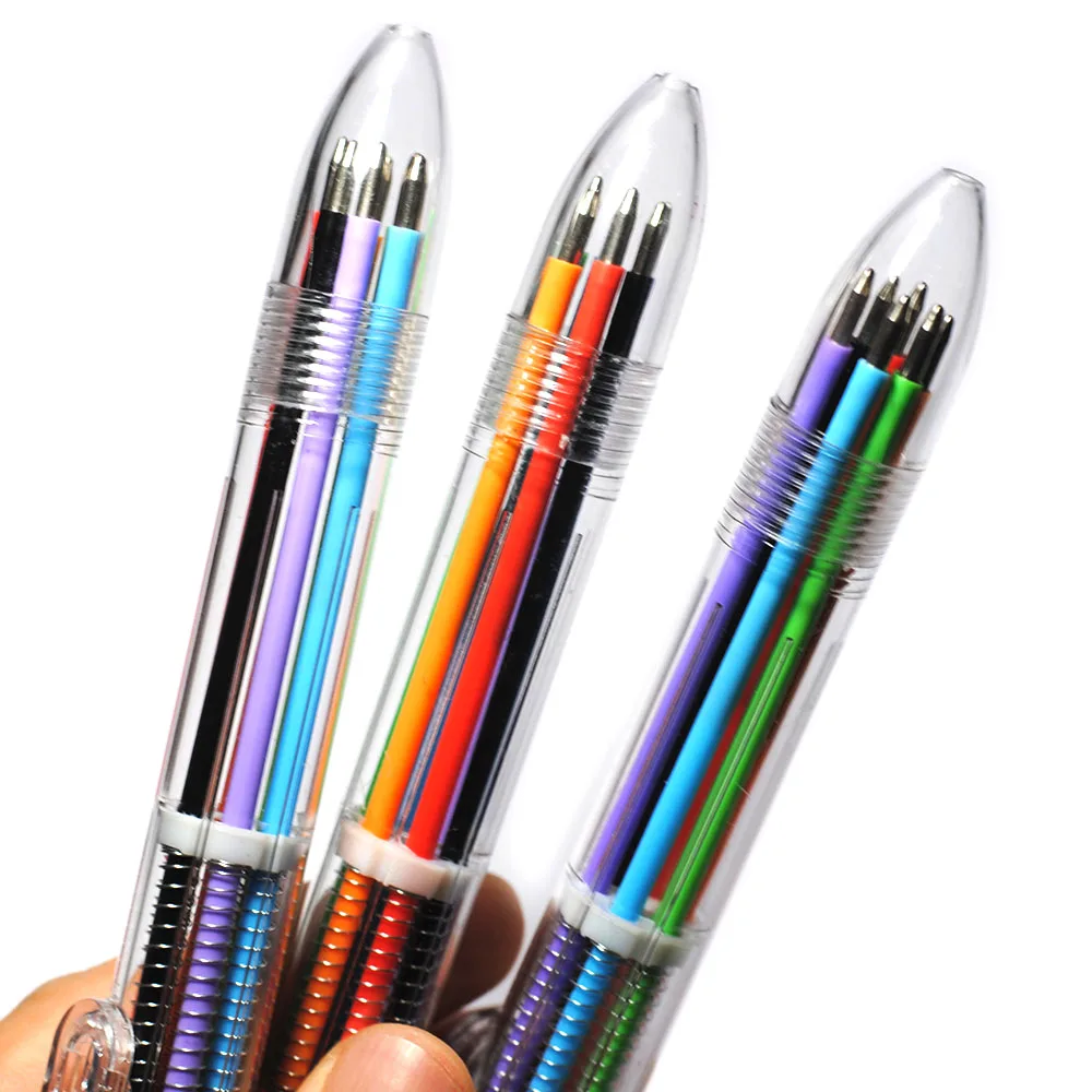 VITNAT-Canetas de plástico com modelos multicoloridos, 6 em 1, caneta esferográfica, caneta tipo push, papelaria, escola, ferramentas de escritório,
