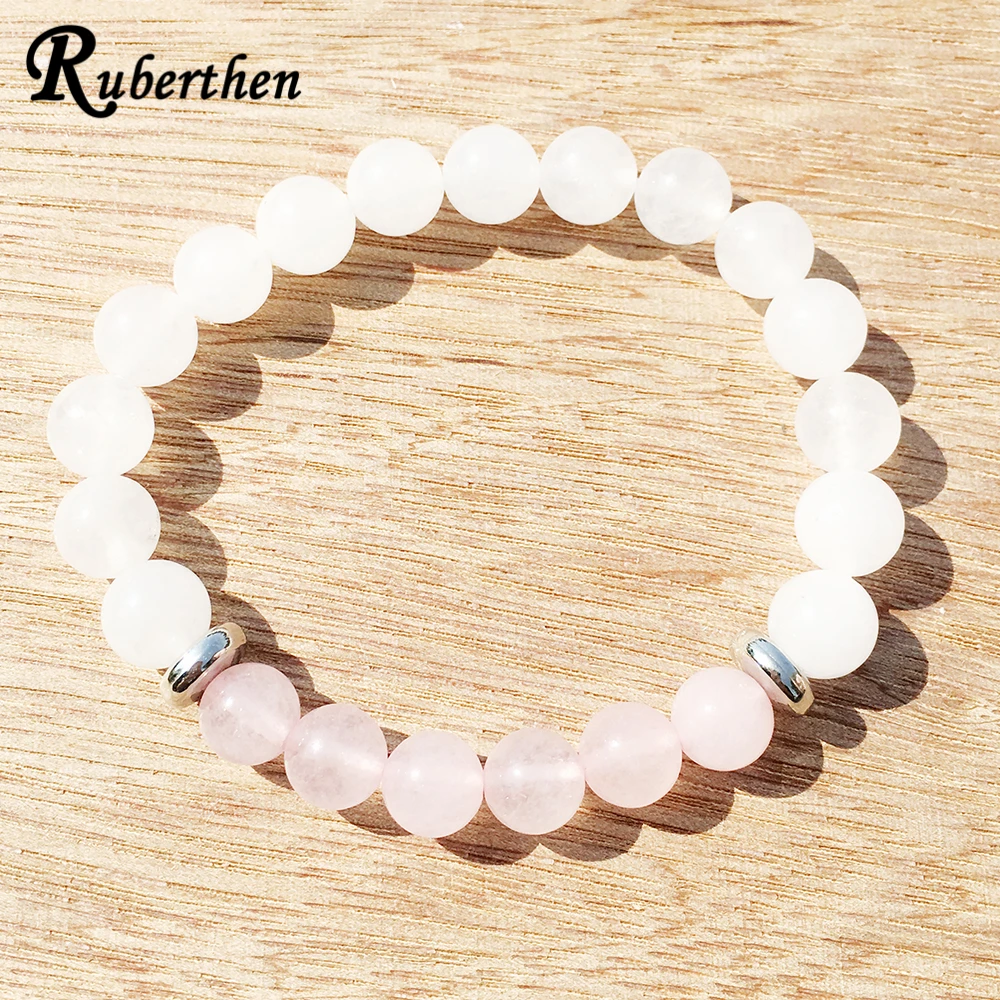 Ruberthen AA Grand White Moonstone Bracelet Rose Quartz Divine Feminine Bracelet Womens Harmony Balance Luck Bracelet