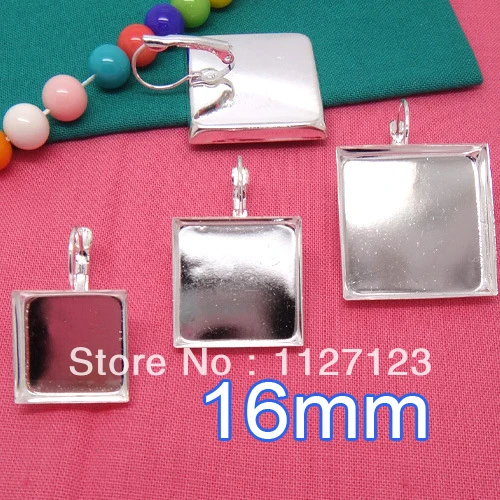 

Silver plated 16mm square cameo base cabochon setting earwires leverback bezel earring blank tray findings nickel free