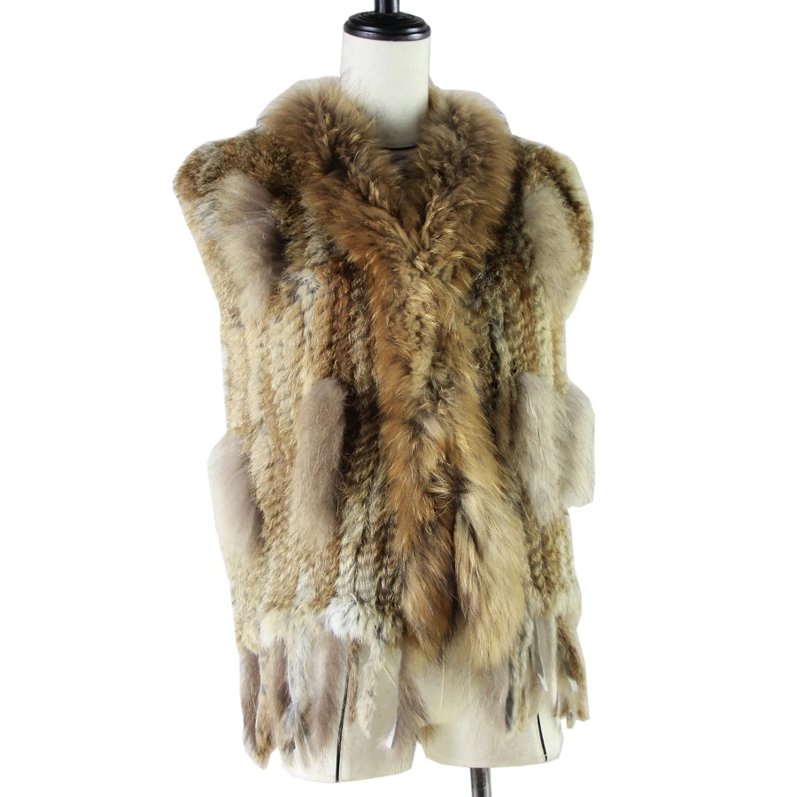 

Harppihop Free shipping womens natural real rabbit fur vest with raccoon fur collar waistcoat/jackets rex rabbit knitted winte