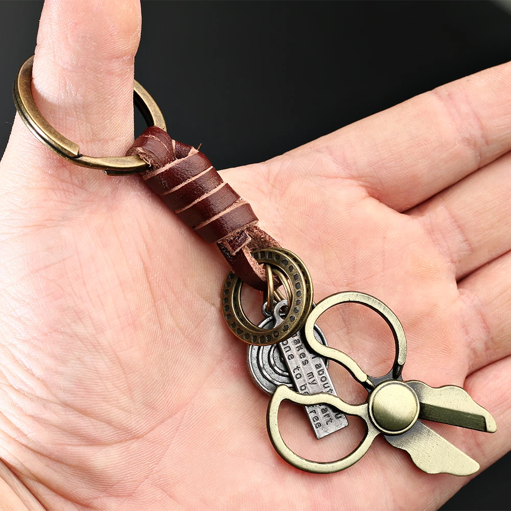 2024 Trend Jewelry Vintage Brown Scissors Spanner Leather Keychain Simple Handwork Weave Alloy Accessories Men Key Chain