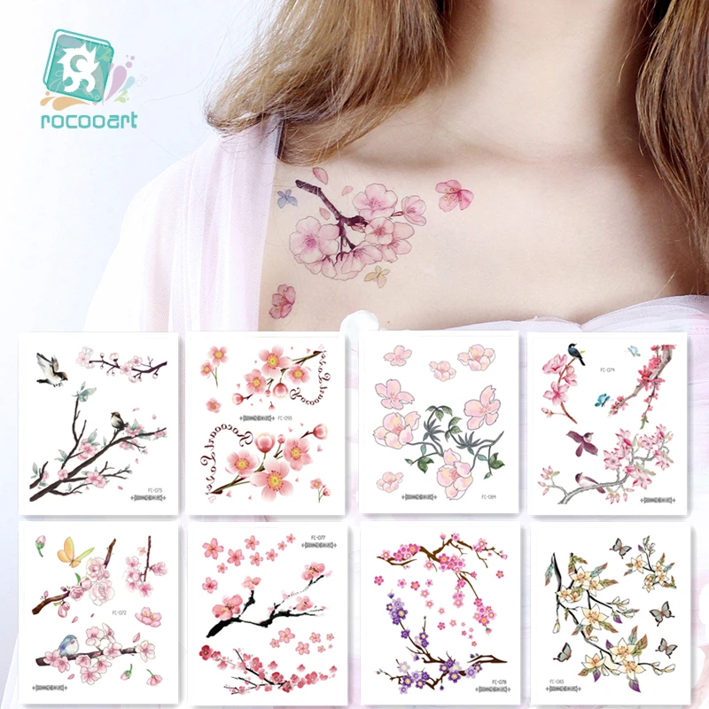 

Rocooart Flowers Fake Tattoo Sakura Stickers Chest Taty Waterproof Tatoo Cherry Blossom For Women Tattoo Body Art Taty