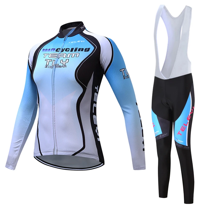 Women Cycling Jersey Set Long Sleeve Bicycle Bib Pants Padded Blue Pro Team Bike Clothing S-4XL