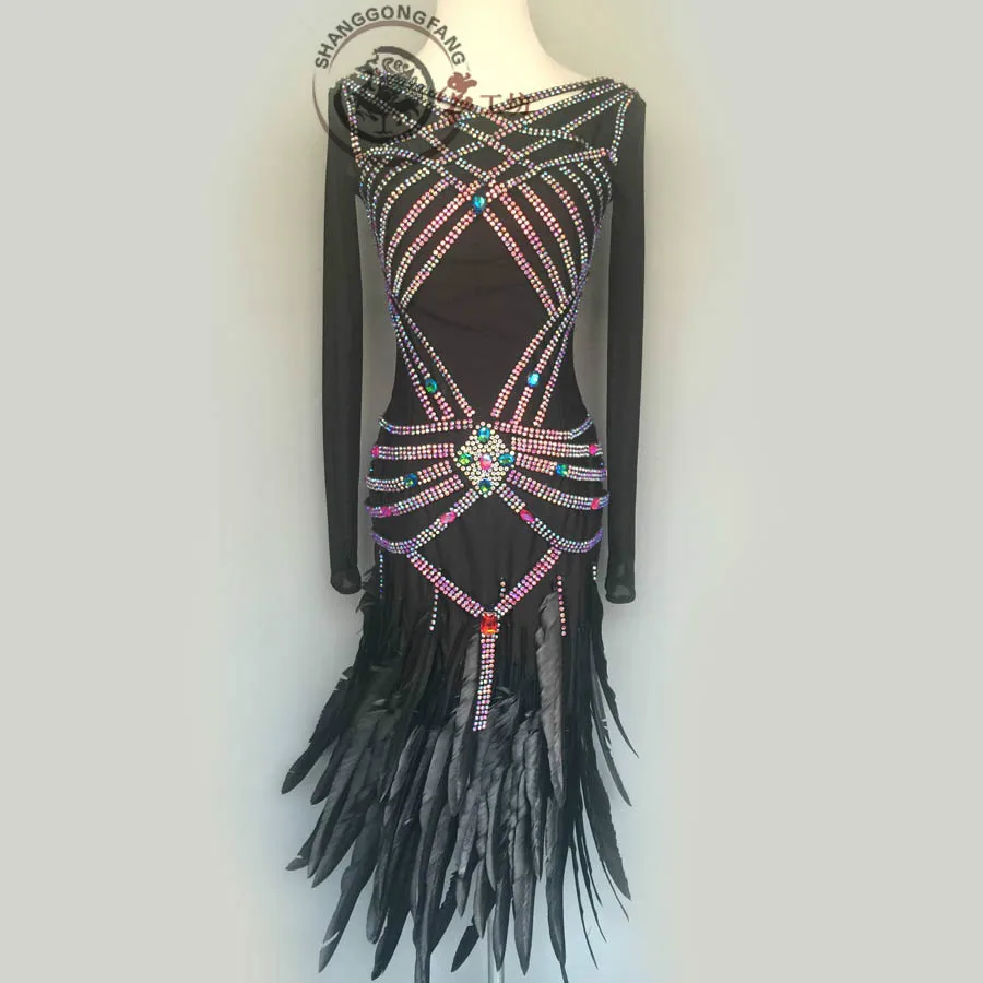 New style latin dance costume sexy stones feather latin dance dress for women latin dance competition dresses A85 S-4XL