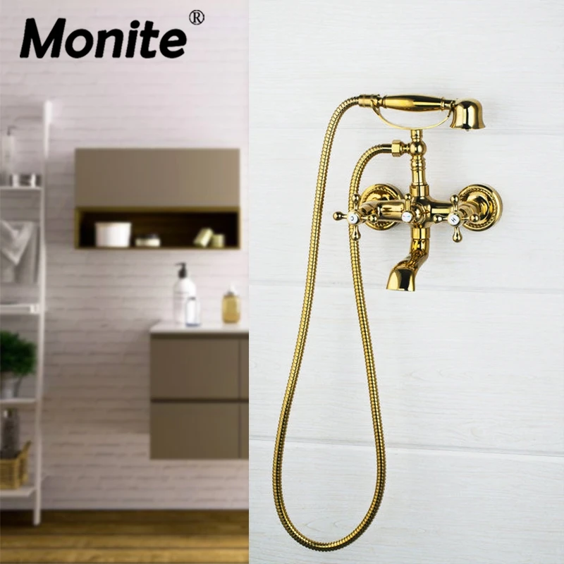 

Monite Luxury Gold Plated Wall Mounted Dual Handles Polished Shower Bathroom Basin Sink Bathtub Torneira Tap Mixer Faucet