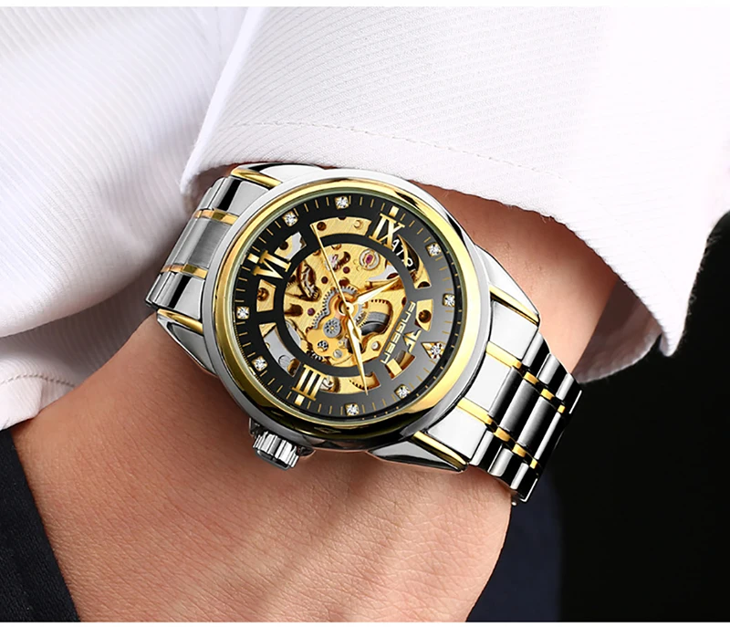 FNGEEN Luxury Stainless Steel Watch Men Hollow Automatic Mechanical Wristwatch Male Gold Crystal Waterproof Clock Mens Watches