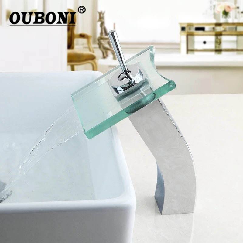 RU Glass Waterfall Faucet Deck Mounted Faucet Tap Crescent Back Chrome Brass Water Mixer Tap Wide Spout Water Tap