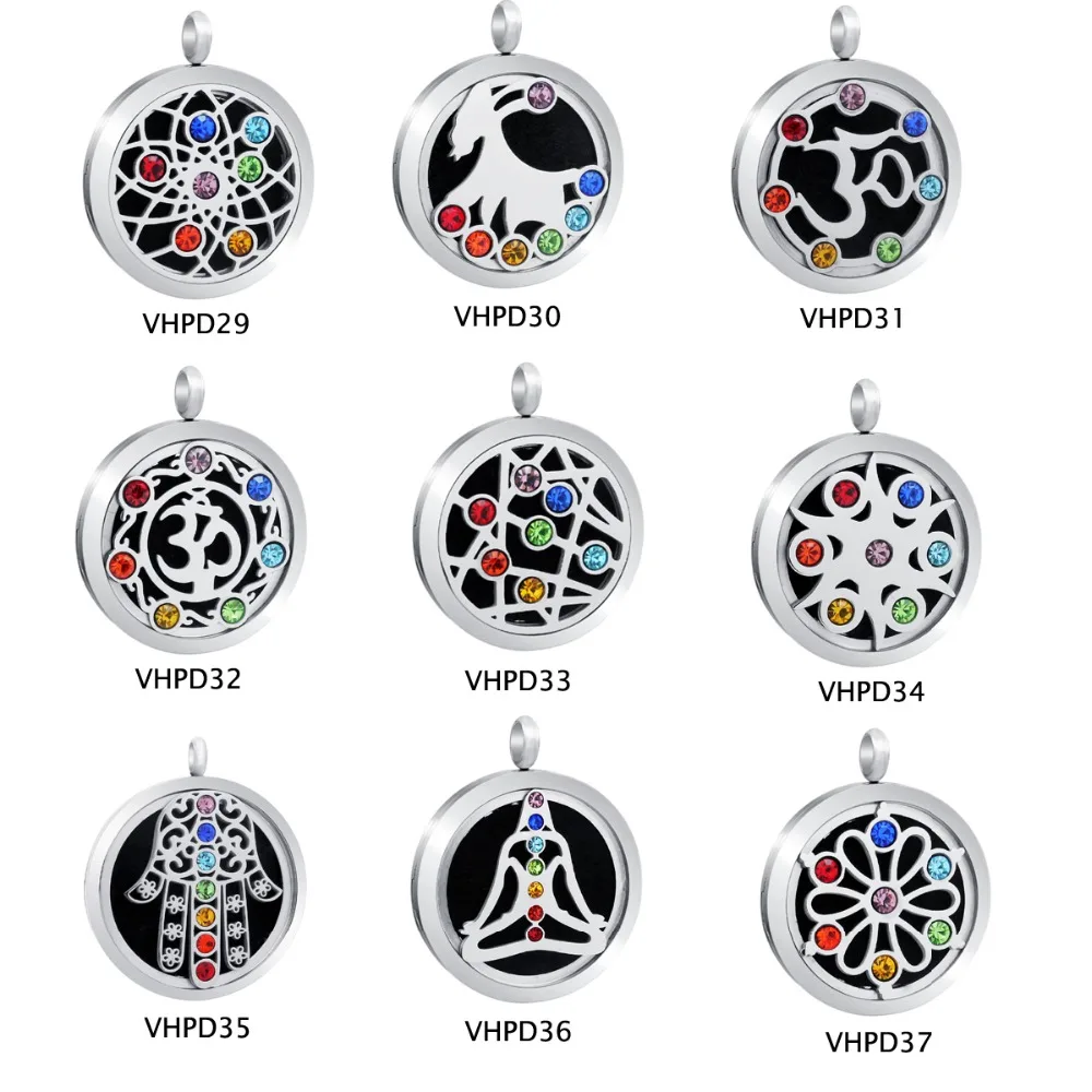 30mm Chakra Design Aromatherapy Locket Pendants Essential Oils Stainless Steel Diffuser Perfume Locket with Pads Drop Shipping