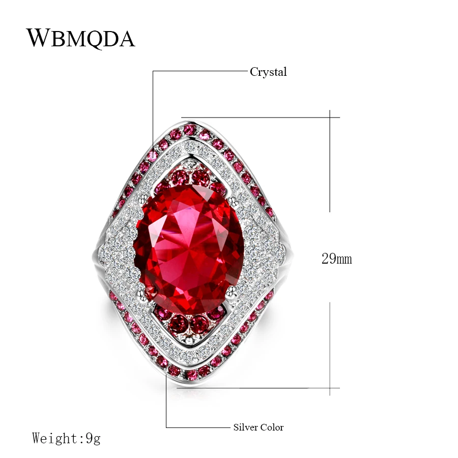 Wbmqda Fashion New Silver Color Ring With Red Stones For Women Vintage Crystal Zircon Fashion Luxury Party Engagement Jewelry