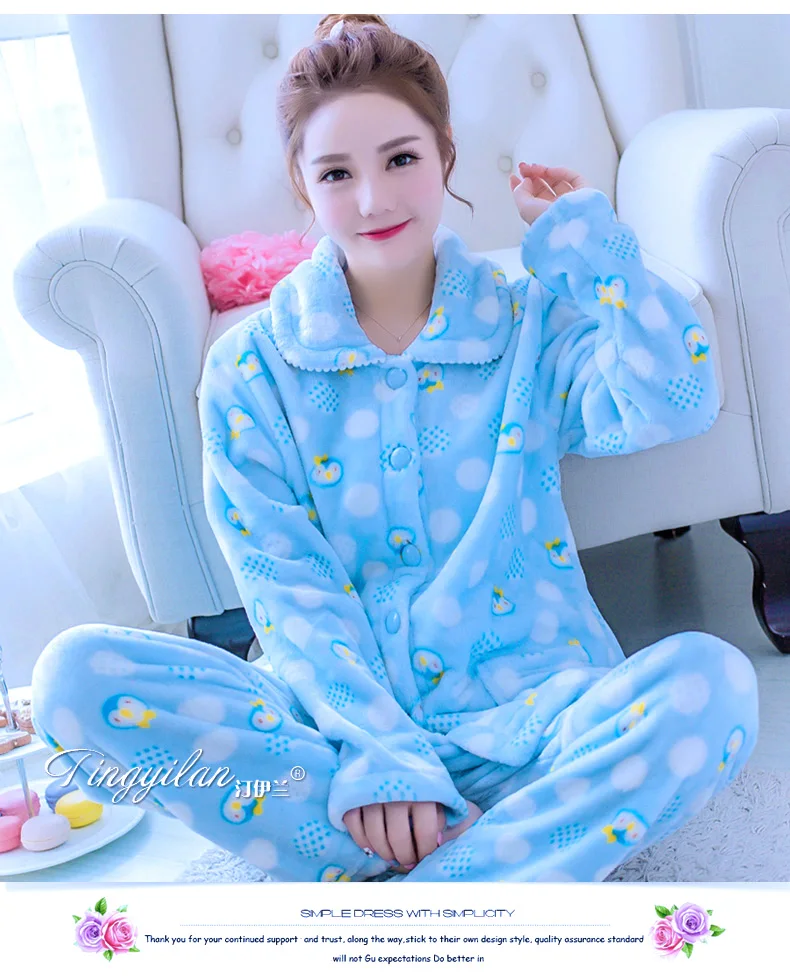 Women Sleepwear Pyjama Suit Thick Warm Cute Sleepingwear Girls Coral Fleece Pajamas for Women Flannel Homewear D-2100