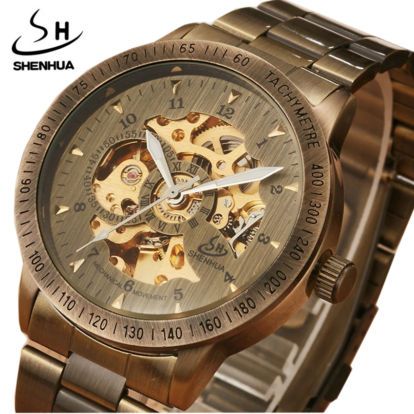 Stainless Steel Antique Automatic Mechanical Men Watch Luxury Brand Transparent Skeleton Mens Watches Gifts Relogio Masculino