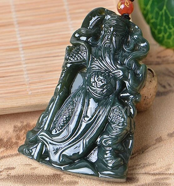 Vintage Natural Green HeTian Jade Carved Chinese GuanGong Lucky Pendant Amulet Necklace Charm Man Woman's Trendy Jewelry