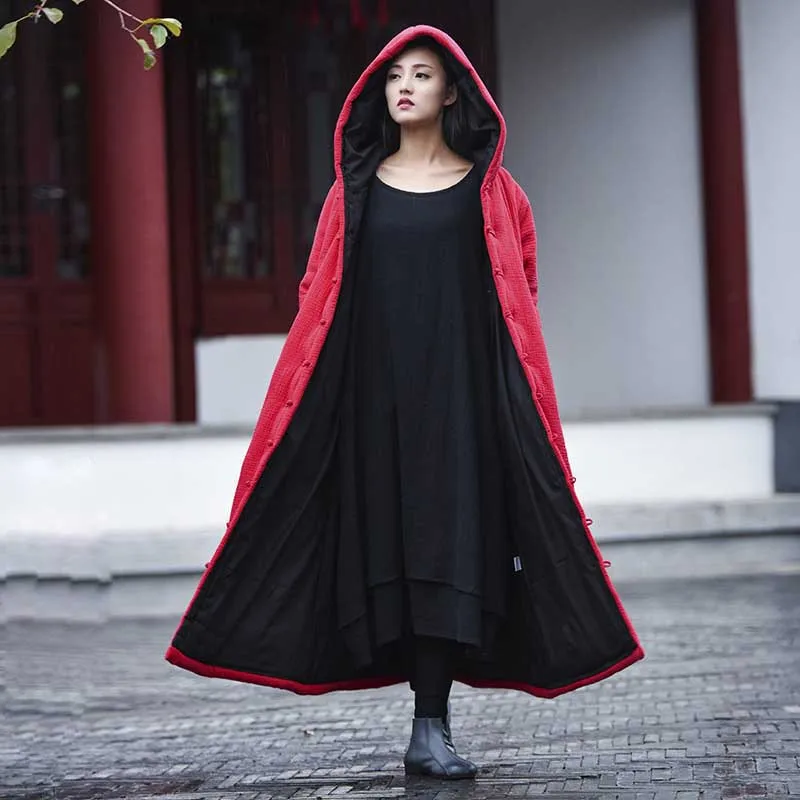 Oversized Long Coat Women Winter Clothes Fashion Chinese Style Vintage Cape Poncho Cloak Hood Linen Cotton Loose Baggy Trench